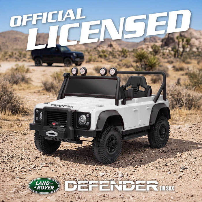 Land Rover Defender 24V ride-on car specifications with dual motors, LED headlights and single seat