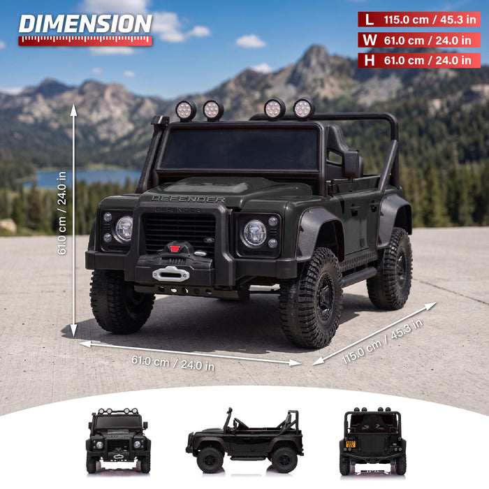 White Land Rover Defender 24V ride-on car dimensions 115 by 61 by 61 centimetres