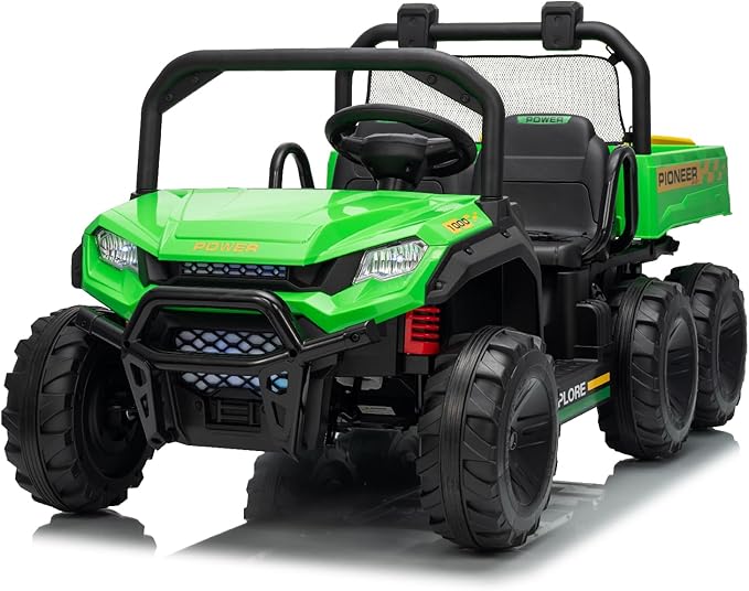 Green toy off-road vehicle with black details on a white background