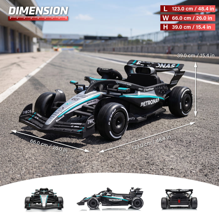 A black and teal Mercedes F1 race car shown on a racetrack with overlaid dimensions and small front/back views along the bottom. The image includes size labels and a 'DIMENSION' graphic, but the main content is still the product itself rather than a standalone measurement chart, so subject_type is Product/Packaging. Mercedes-AMG F1 W16 24V lithium ride-on car specifications with dual motors and safety seatbelt
