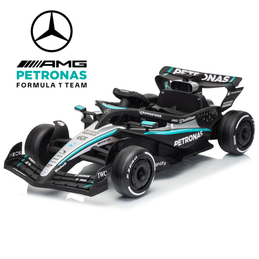 A Mercedes-AMG Petronas Formula 1 team toy car in a black and teal livery, shown on a clean white background with the Mercedes star logo and 'AMG PETRONAS FORMULA 1 TEAM' branding in the top left corner.