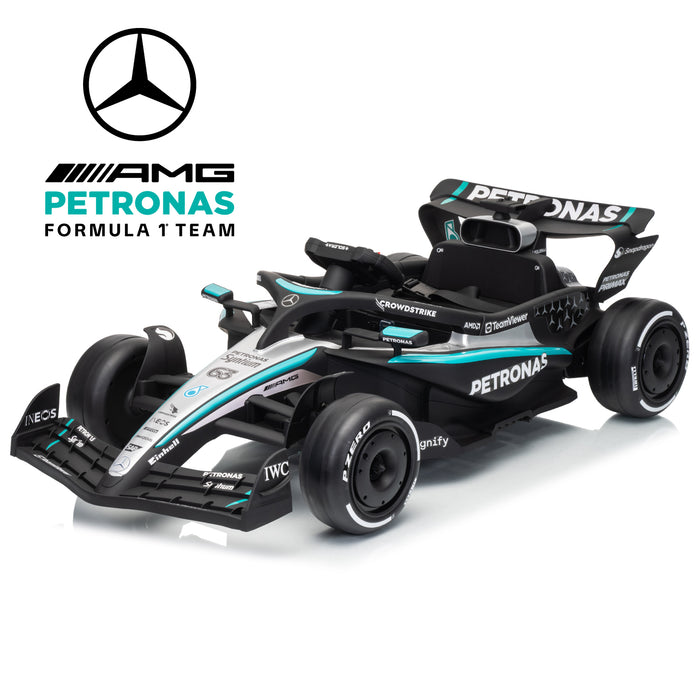 A Mercedes-AMG Petronas Formula 1 team toy car in a black and teal livery, shown on a clean white background with the Mercedes star logo and 'AMG PETRONAS FORMULA 1 TEAM' branding in the top left corner.