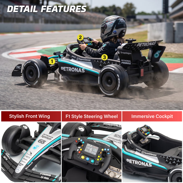 A child wearing a racing helmet sits in a black and teal Petronas Formula 1 style race car on a racetrack, with the word DETAIL FEATURES at the top and three close-up feature panels along the bottom showing the front wing, steering wheel, and cockpit. Mercedes F1 W16 single-seat ride-on car for ages 3 and older with 30 kilogram capacity