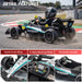 A child wearing a racing helmet sits in a black and teal Petronas Formula 1 style race car on a racetrack, with the word DETAIL FEATURES at the top and three close-up feature panels along the bottom showing the front wing, steering wheel, and cockpit. Mercedes F1 W16 single-seat ride-on car for ages 3 and older with 30 kilogram capacity