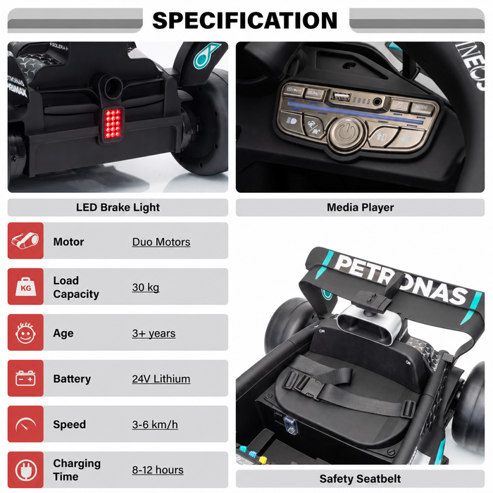 A product specification infographic for a black toy race car, showing close-up feature photos of the LED brake light, media player controls, and safety seatbelt, with a text list detailing motor type, load capacity, age, battery, speed, and charging time. Mercedes F1 W16 kids ride-on car with soft-start system and comfortable racing-style tires