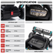A product specification infographic for a black toy race car, showing close-up feature photos of the LED brake light, media player controls, and safety seatbelt, with a text list detailing motor type, load capacity, age, battery, speed, and charging time. Mercedes F1 W16 kids ride-on car with soft-start system and comfortable racing-style tires