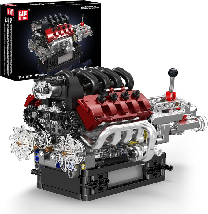 Model engine kit with detailed components and a box in the background