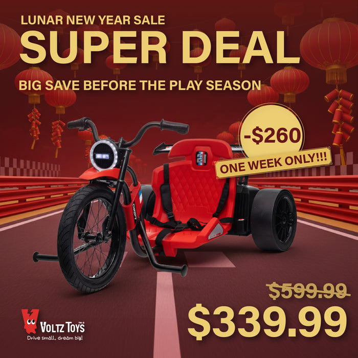 Tricycle Drift 24 V pour enfants, véhicule d'extérieur à grande vitesse avec accélérateur manuel, pneus à air et lumières LED