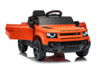 An orange and black ride-on toy car designed to look like a Land Rover Defender, shown from a three-quarter front angle on a white background. Orange Land Rover Defender 110 kids ride-on car product view
