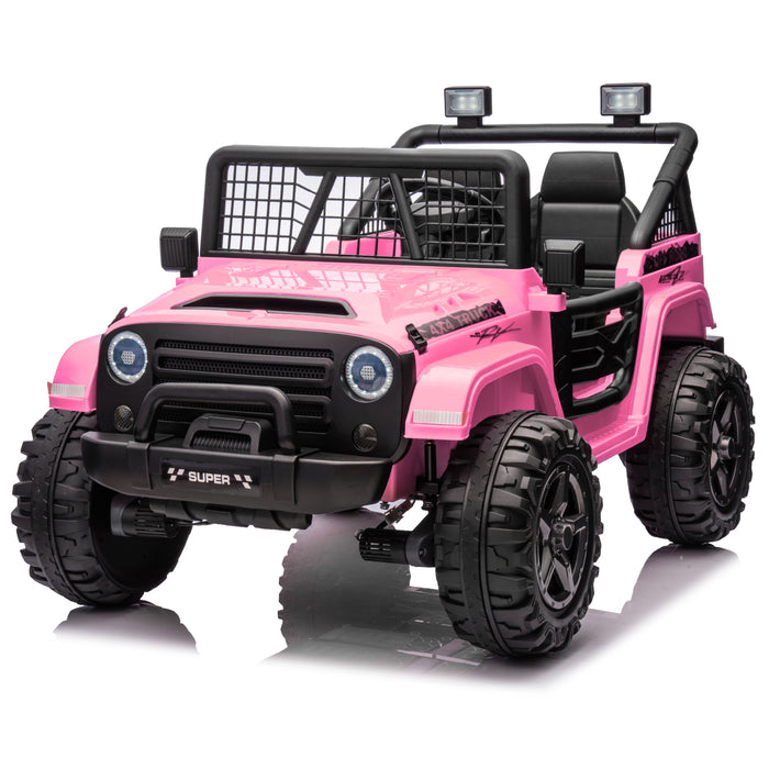Pink toy truck with black details on a white background