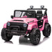 Pink toy truck with black details on a white background