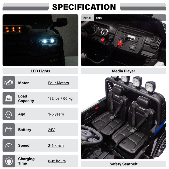 Voltz Toys Licensed RAM 24V 2 Seater Police Ride-On Truck for Kids [Limited Edition]