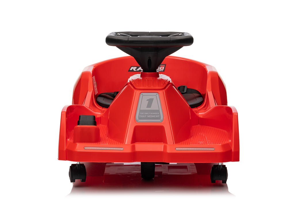 Child demonstrating 360-degree spin on the Racer Spin Cart 6V drifting ride-on.