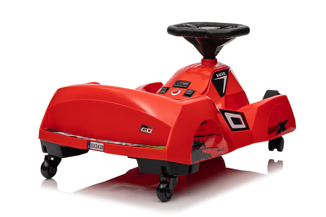 6V ride-on drifting gently on a flat outdoor surface for controlled spins.