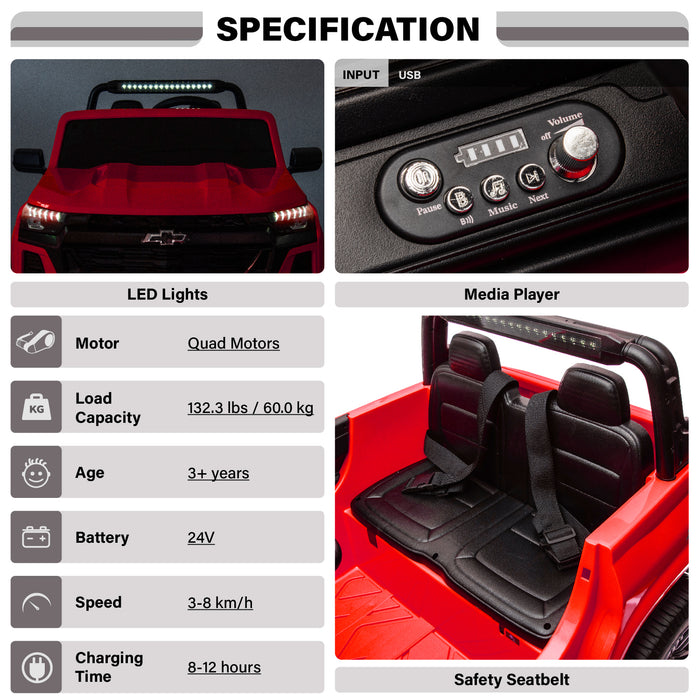 Licensed red Chevrolet Colorado 24V ride-on pickup truck for kids, battery powered toy car with MP3 player, headlights, suspension and 2 seats