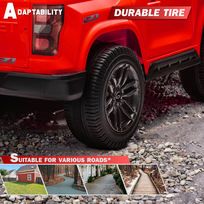 Red Chevrolet Colorado kids ride-on electric truck 24 volt, realistic pickup design with dual seats, safety belt, and parental remote controller