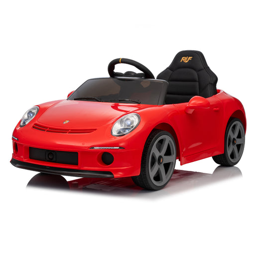 Red toy car with black interior on a white background