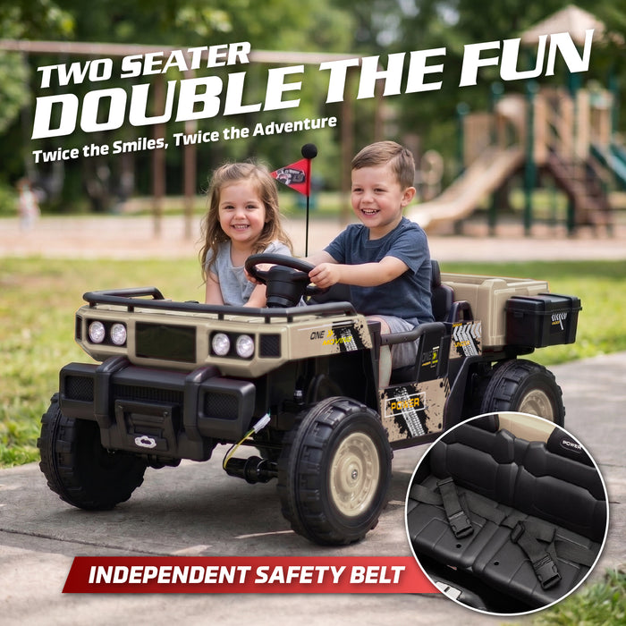 Vanguard 24V double seat kids UTV ride-on car, 2-seater electric ride on toy with spacious seats, safety-focused design, off-road style, and powerful four motor drive.