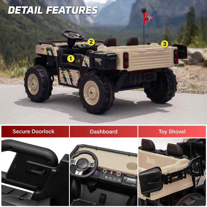 Vanguard 24V electric UTV ride-on car with rear storage space, kids 2-seater off-road ride on toy, utility truck style design, and adventure-ready outdoor play features.