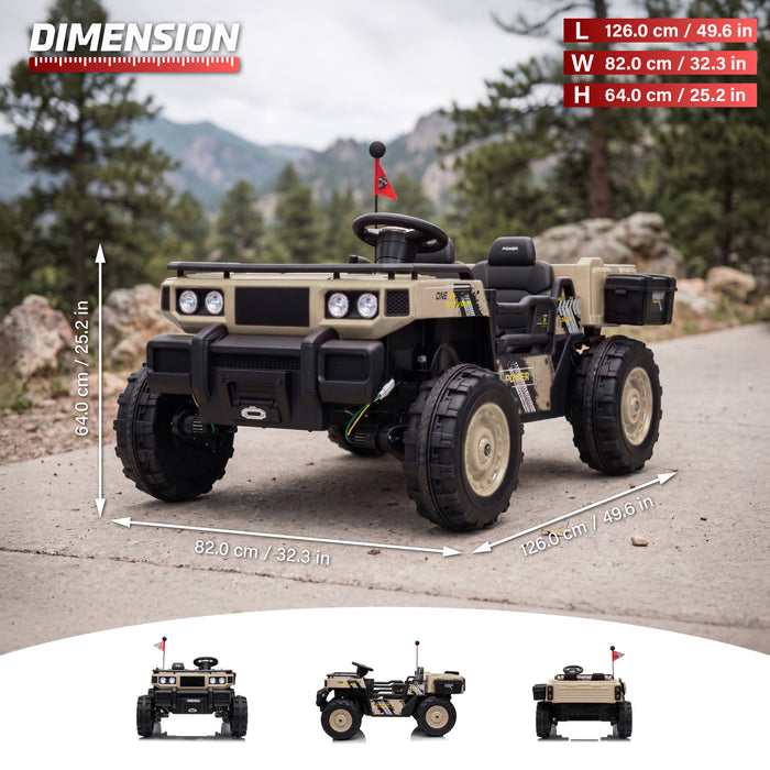 Vanguard 24V kids UTV ride-on car in beige, electric 2-seater off-road ride on truck for children, featuring rugged wheels, adventure styling, and realistic utility vehicle design.