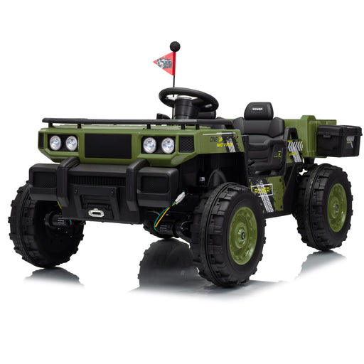 Vanguard 24V kids UTV ride-on car green product image, 2-seater electric off-road ride on truck for kids with quad motor drive, rugged wheels, and outdoor adventure styling.