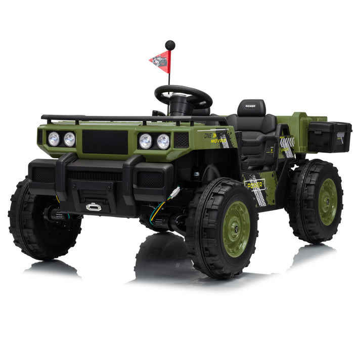 Vanguard 24V kids UTV ride-on car green product image, 2-seater electric off-road ride on truck for kids with quad motor drive, rugged wheels, and outdoor adventure styling.