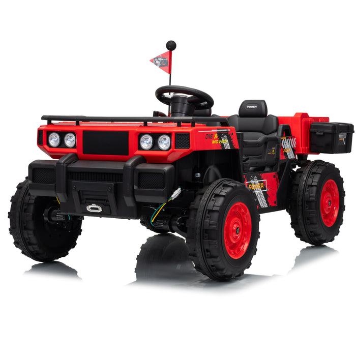 Vanguard 24V kids UTV ride-on car red product image, 2-seater electric ride on truck with four 550W motors, off-road tires, realistic UTV body, and adventure toy vehicle design.