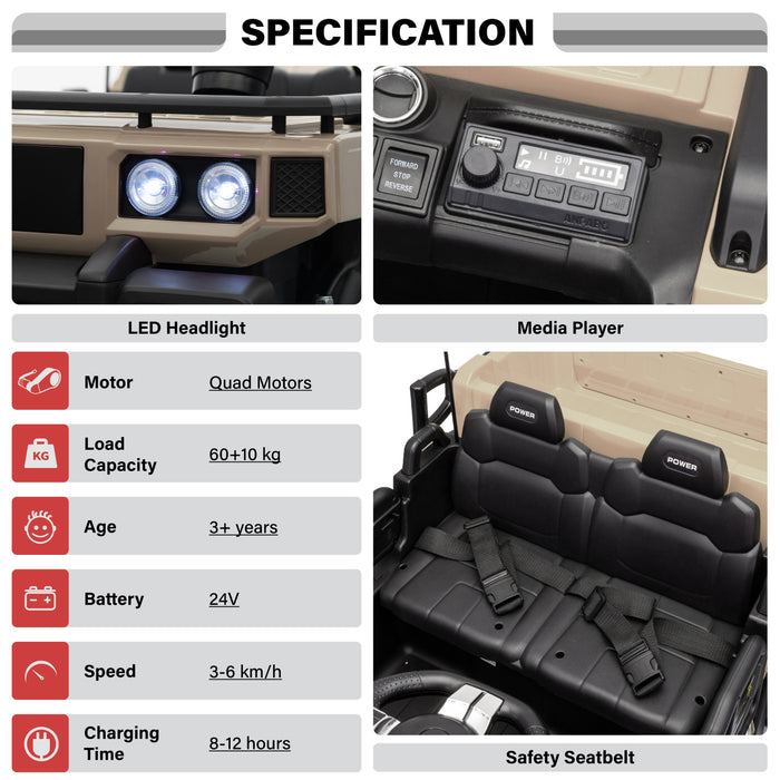 Vanguard 24V kids UTV ride-on car specification image showing product size, battery, motor, speed, carton size, 2-seat design, and electric off-road ride on vehicle details.