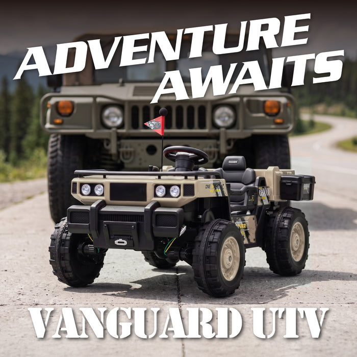 Adventure awaits with the Vanguard 24V kids ride-on UTV, a 2-seater electric off-road ride on car with rugged truck styling, 4 motor power, and outdoor driving fun.