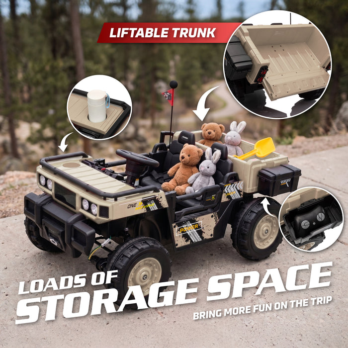 Vanguard UTV large storage space feature image, 24V kids electric ride-on car with rear cargo area, 2-seater off-road utility vehicle style, and practical outdoor play design.