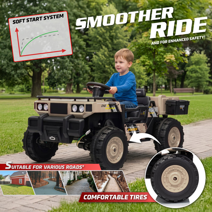 Vanguard UTV smoother ride kids electric ride-on truck, 24V off-road style ride on car with large wheels, 2 seats, powerful motor system, and outdoor adventure performance.