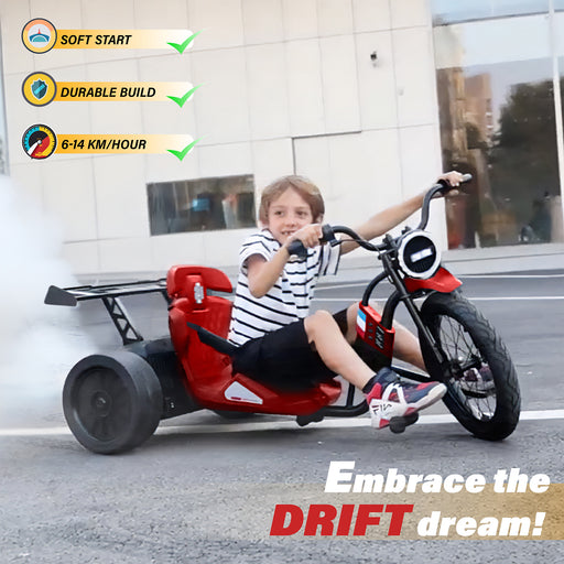 Side view of kids 24V drift trike with air tires