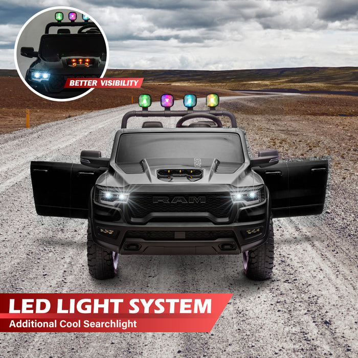 Black 24V RAM Kids Ride-On Car with LED Headlights Driving Outdoors