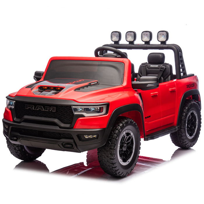 Red 24V RAM Two-Seater Ride-On Truck for Kids with Remote Control and Suspension