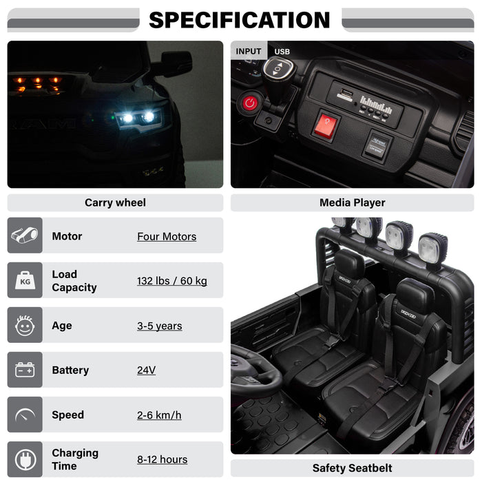 Voltz Toys 24V RAM Ride-On Truck with LED Light System for Kids