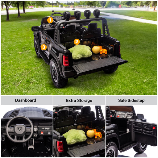 Two kids riding Voltz Toys 24V RAM Licensed Electric Ride-On Truck with parental remote