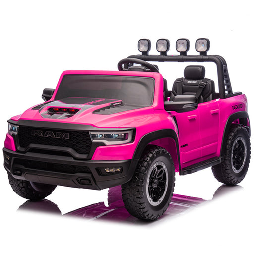 Pink toy truck with black details on a white background