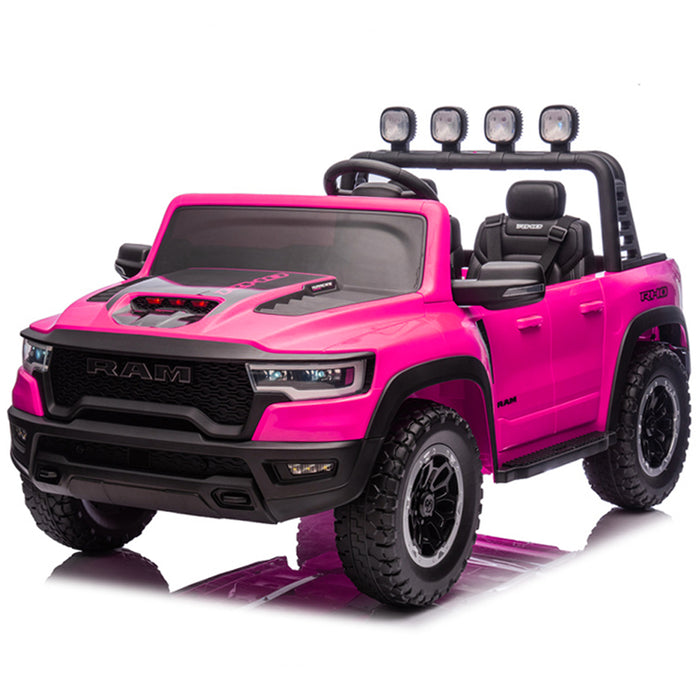 Pink toy truck with black details on a white background