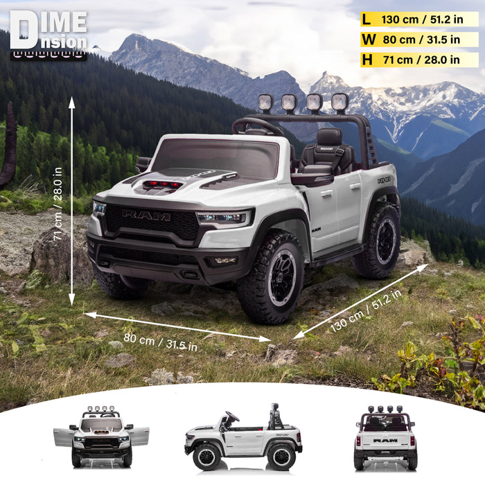 White off-road vehicle with dimensions displayed against a mountainous landscape