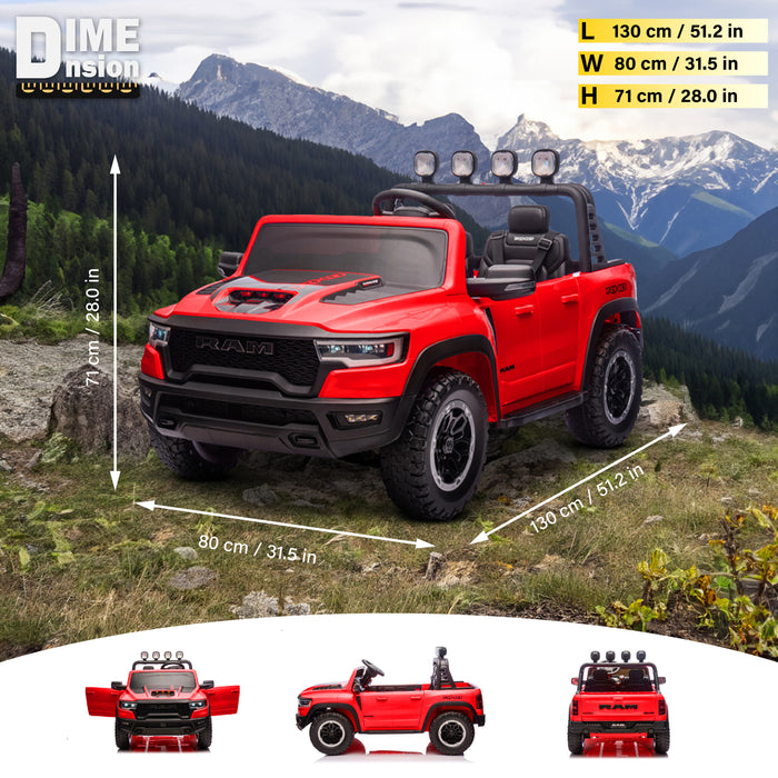 Red toy truck with dimensions displayed against a mountainous landscape