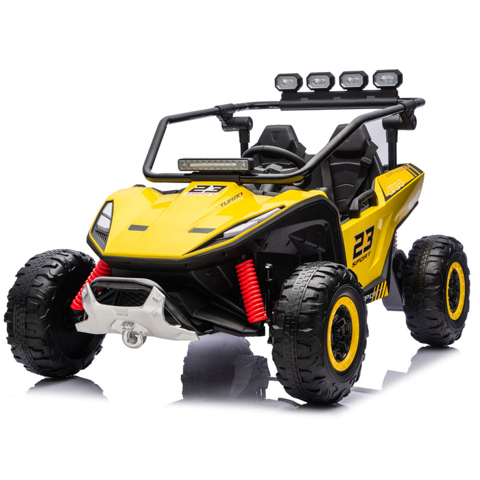 A yellow and black children's ride-on off-road vehicle with large black tires, red suspension springs, a white front bumper, and four roof-mounted lights, shown on a clean white background.