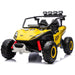 A yellow and black children's ride-on off-road vehicle with large black tires, red suspension springs, a white front bumper, and four roof-mounted lights, shown on a clean white background.