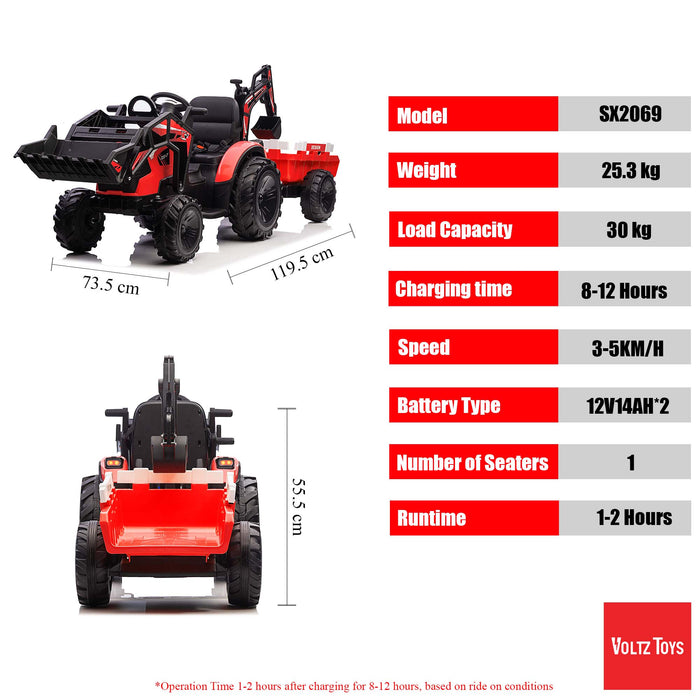Tracteur agricole réaliste 24 V, véhicule agricole avec pelleteuses, remorque à benne basculante et pneus EVA.