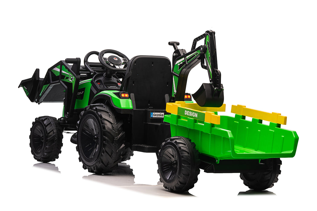 Realistic Farm Tractor 24V Agricultural Vehicle with Diggers, Tipper Trailer and EVA Tires